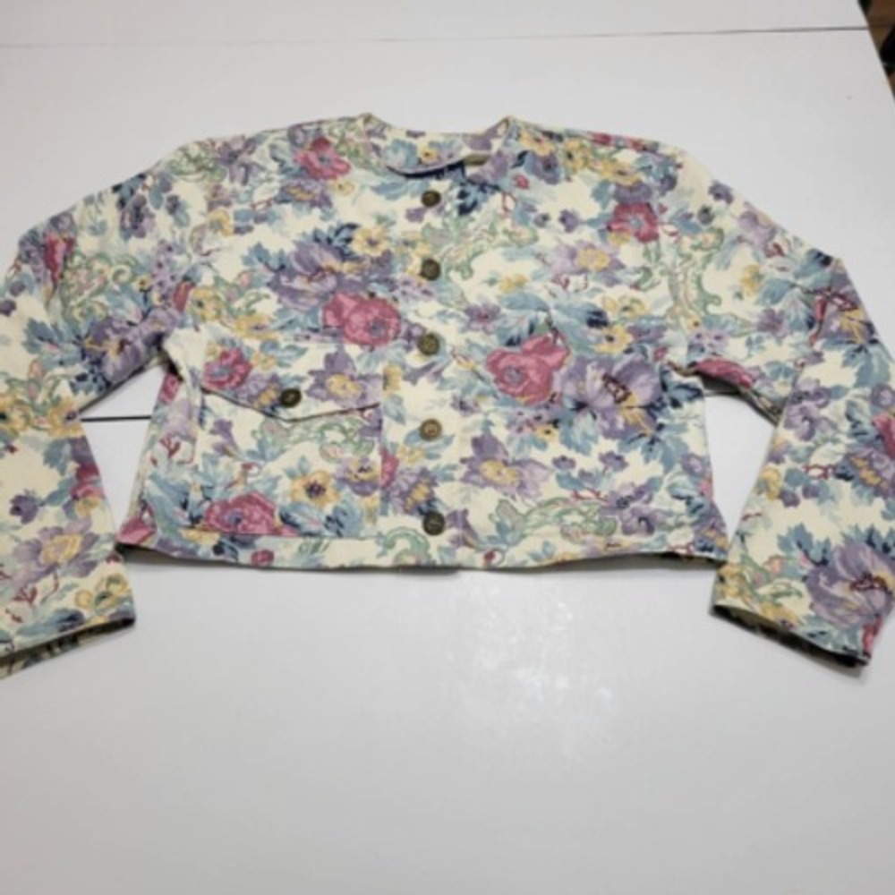 On The Verge Womens Jean Jacket Multicolor Retro Floral Waist Length Pockets M